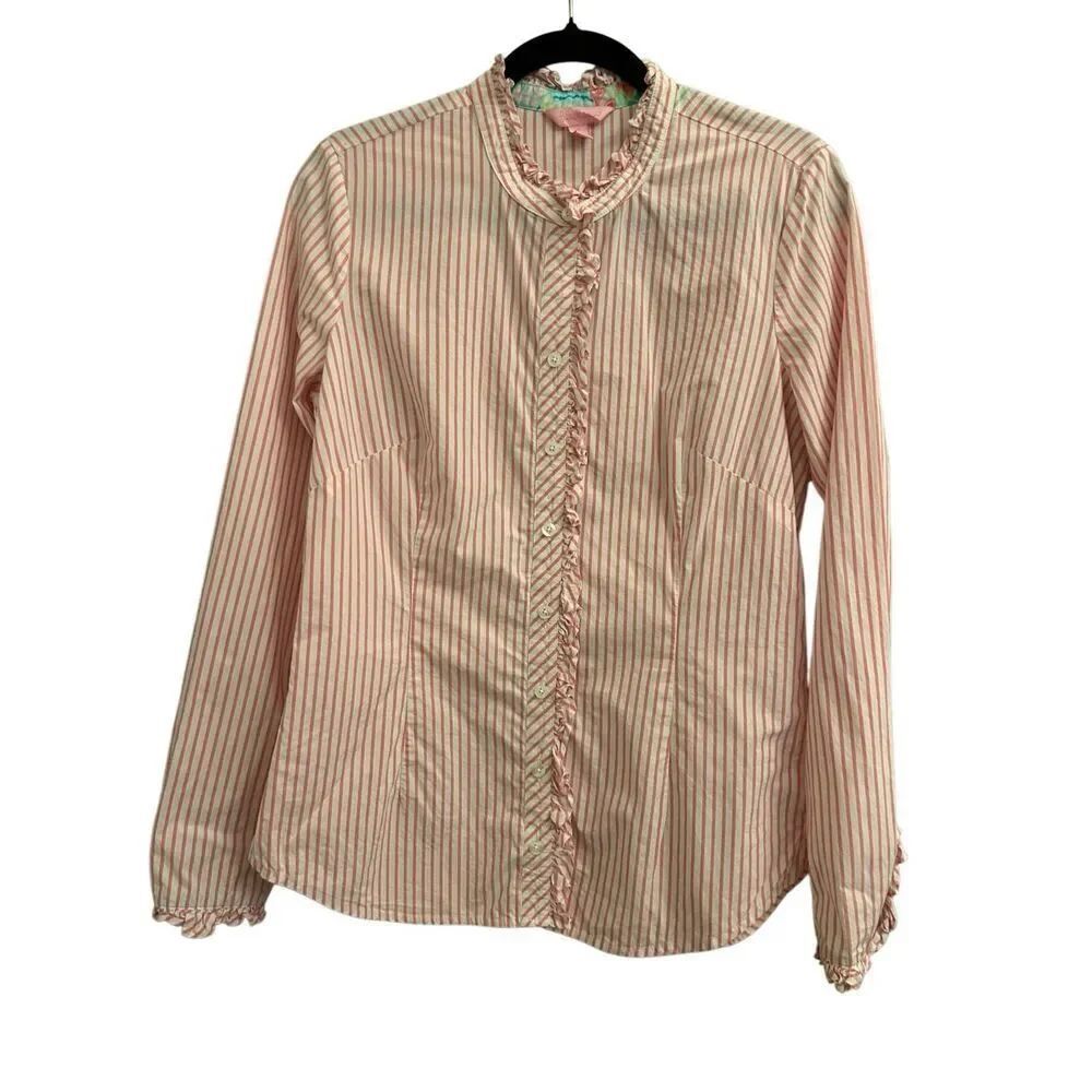 Lilly Pulitzer striped button down shirt with ruffle details size 8 preppy